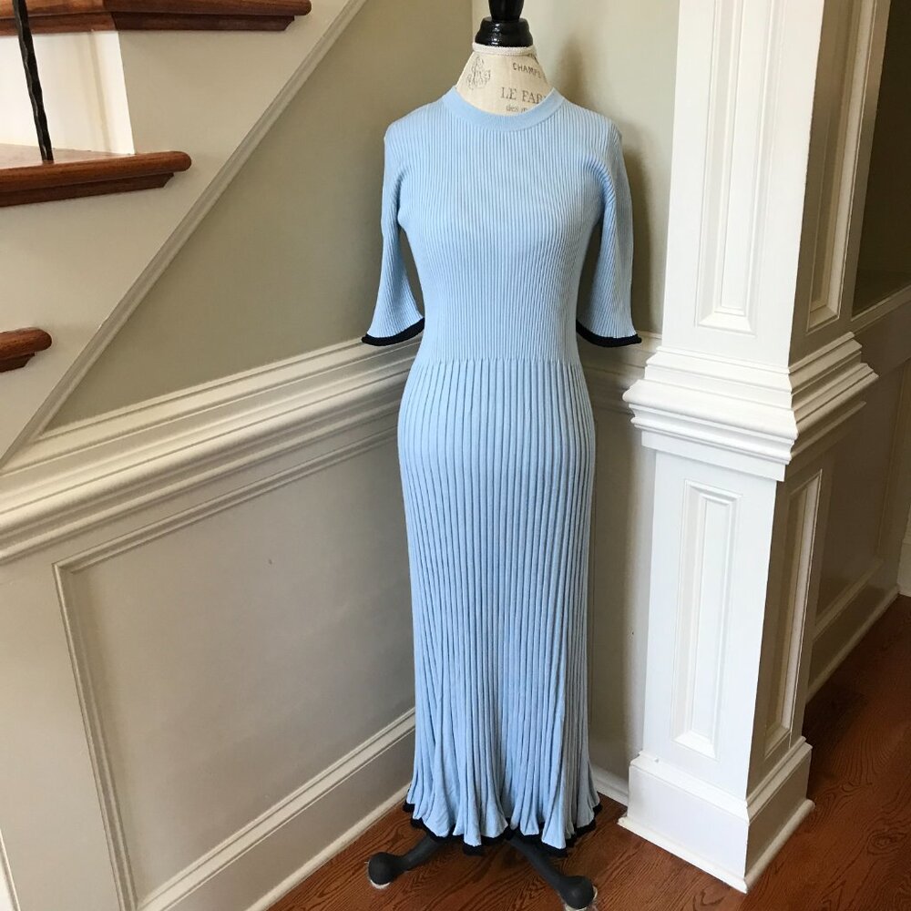 NWOT Proenza Schouler Rib Knit Midi Dress Womens Large Blue Black Crew Neck Silk - Picture 4 of 14